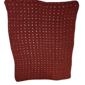 Vtg Christmas Afghan Red hint of Green Handmade open lacy stitch 59 x 43 inches